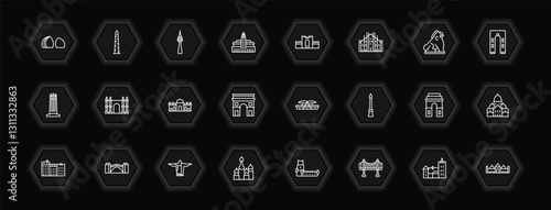 outline icons set - monuments concept. vector icons included al shaheed monument, , medieval walls in avila, spain and more.
