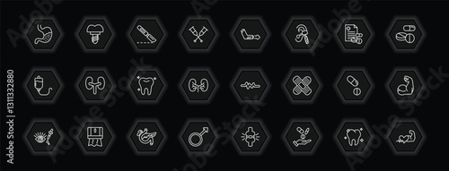 outline icons set - medical concept. vector icons included stoh, scalpel, inhalator, kidneys and more.