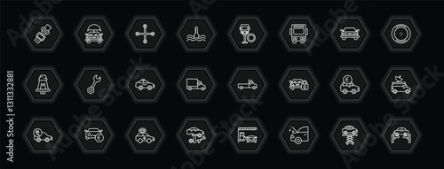 outline icons set - mechanicons concept. vector icons included car seat belt, changing wheels tool, bus in reparation, repair wrenches and more.