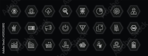 outline icons set - marketing concept. vector icons included business eye, download from cloud, marketing presentation, id and more.