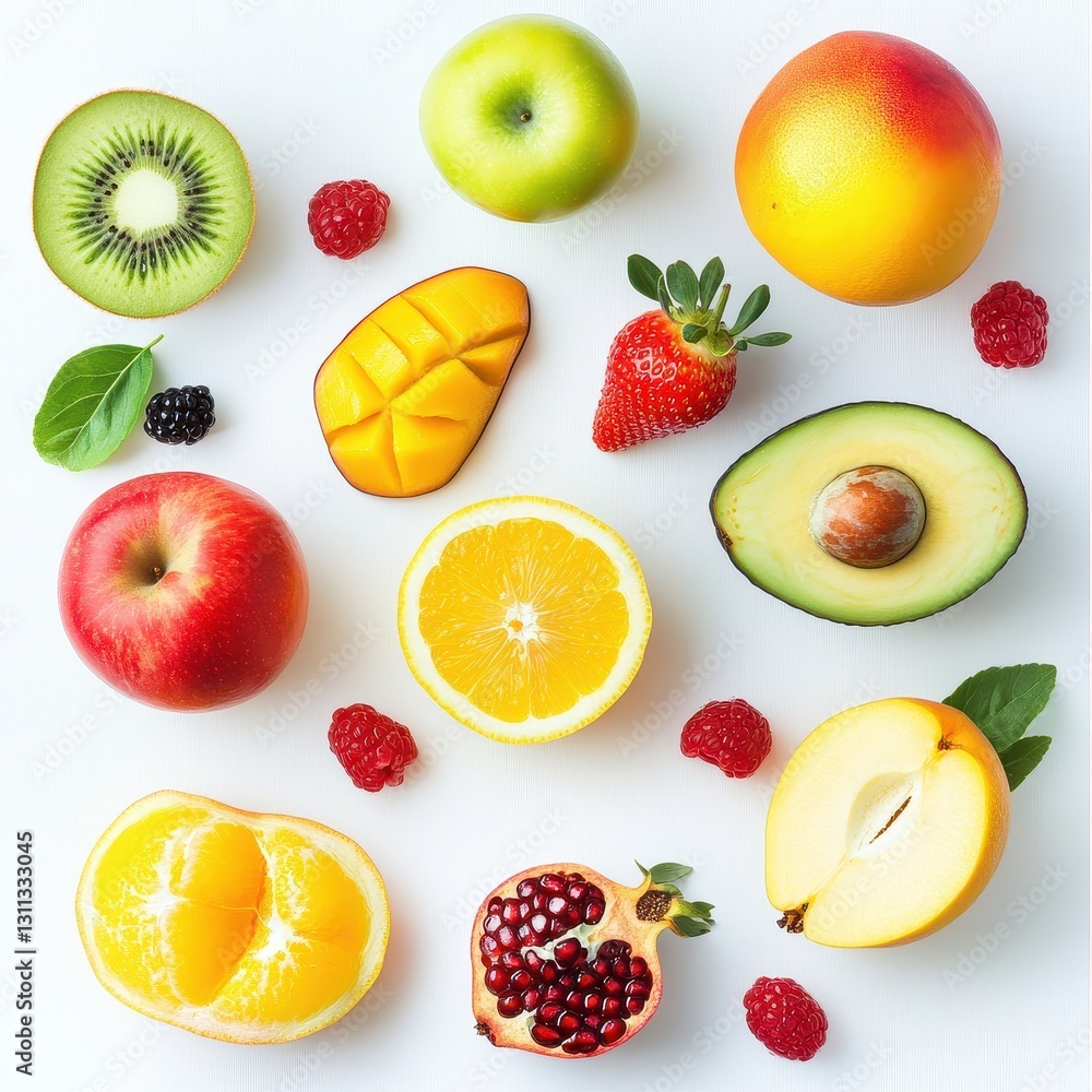 Discover a vibrant selection of fresh fruits and berries displayed beautifully on a white background for a delightful visual treat. Generative AI Discover a vibrant selection of fresh fruits and berries displayed beautifully on a white background for a delightful visual treat. Generative AI