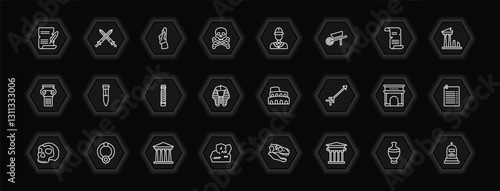 outline icons set - history concept. vector icons included poster, moais, policeman, tool and more.