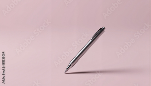 Sleek metallic silver pen resting on mauve background, elegance in design