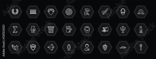 outline icons set - greece concept. vector icons included laurel, muse, armor, broken amphora and more.