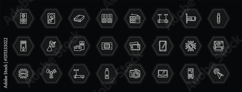 outline icons set - hardware concept. vector icons included loudspeakers, local disk, fm radio, parabolic and more.
