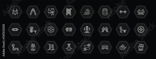 outline icons set - gym equipment concept. vector icons included waist, women fitness clothing, swim, bench press and more.
