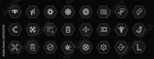 outline icons set - geometry concept. vector icons included polygonal elephant, polygonal hexagon, color wheel, polygonal windmill and more.