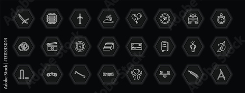 outline icons set - general concept. vector icons included deckchair, renewable energy label, floating balloons, fragments and more.