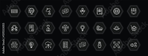 outline icons set - general concept. vector icons included sound control, satellite antenna, lead conversion, smart contract and more.