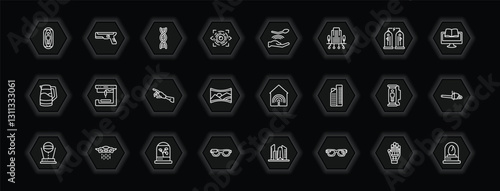 outline icons set - future technology concept. vector icons included capsule, dna structure, telekinesis, 3d printer and more.