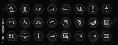 outline icons set - furniture & household concept. vector icons included sump pump, microwave, divan, wc and more.