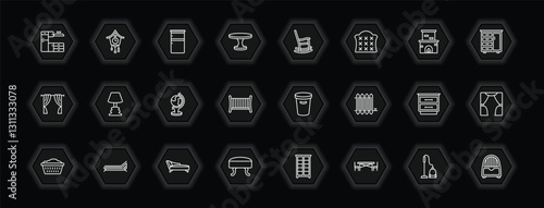 outline icons set - furniture & household concept. vector icons included cabinets, refrigerator, rocking chair, lamps and more.