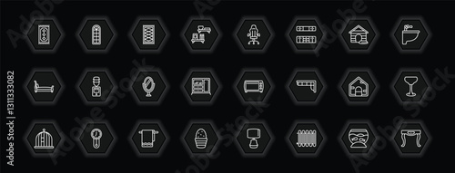 outline icons set - furniture & household concept. vector icons included rug, rugs, desk chair, water dispenser and more.