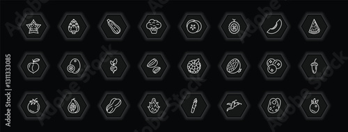 outline icons set - fruits and vegetables concept. vector icons included carambola, zucchini, cucumber, breast milk fruit and more.