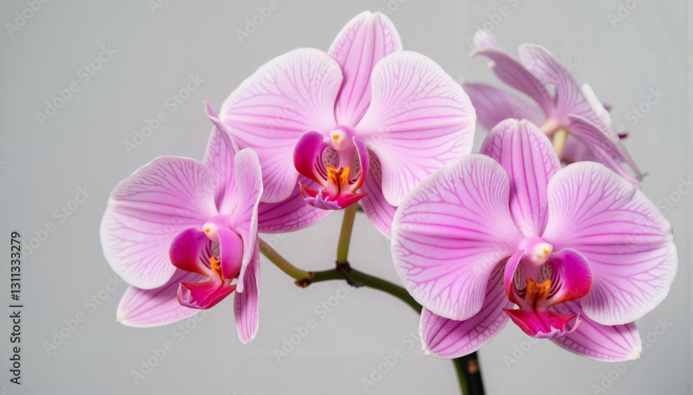 Vibrant pink orchid bloom against soft grey background, natural beauty Vibrant pink orchid bloom against soft grey background, natural beauty