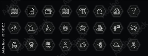 outline icons set - education concept. vector icons included reading book, stack of books, pi, ballistic and more.
