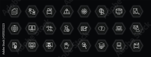 outline icons set - e learning and education concept. vector icons included sheet, workspace, daycare center, distance teacher and more.