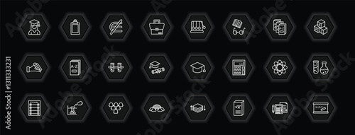 outline icons set - education concept. vector icons included college graduation, is not an element of, newton cradle, 3d dictionary and more.