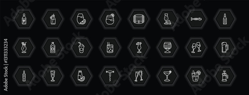 outline icons set - drinks concept. vector icons included malibu, fruit juice, cask, herbal liquor and more.