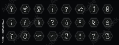 outline icons set - drinks concept. vector icons included glass with wine, brewery, last word drink, lime rickey drink and more.