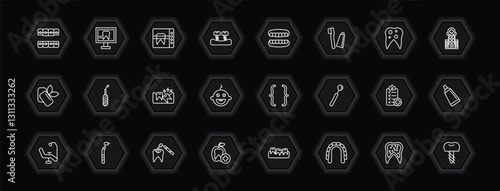 outline icons set - dentist concept. vector icons included lingual braces, radiograph, dentures, scraping and more.