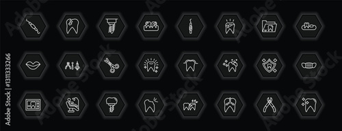 outline icons set - dentist concept. vector icons included periodontal scaler, implant fixture, dental probe, dental hook and more.