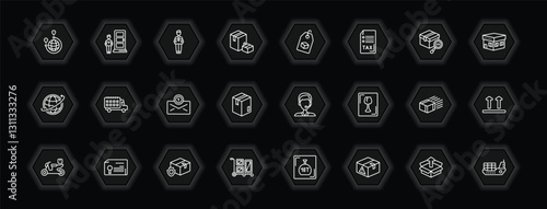 outline icons set - delivery and logistic concept. vector icons included distribution, delivery man, delivery tag, date and more.