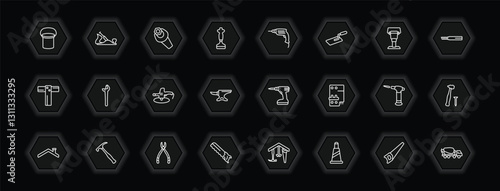 outline icons set - construction tools concept. vector icons included bucket, wrench and nut, hand drill, plumbing and more.