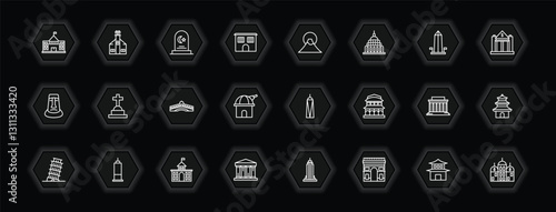 outline icons set - buildings concept. vector icons included embassy, islamic cemetery, fuji mountain, christian cemetery and more.
