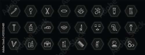 outline icons set - beauty concept. vector icons included toothbrush, hair scissors, aloe vera, liquid makeup and more.