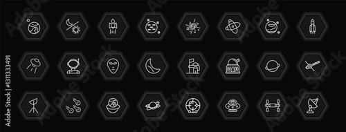 outline icons set - astronomy concept. vector icons included earth and moon, rocket ship, supernova, astronaut user and more.