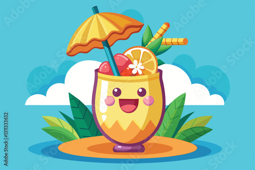 A fun cartoon of a customizable pina colada with fruits and an umbrella in a tropical setting, Pina colada Customizable Cartoon Illustration