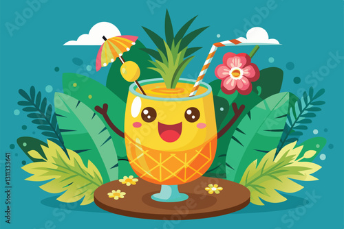 A colorful cartoon illustration shows a happy pina colada with cheerful elements in a lush tropical environment, Pina colada Customizable Cartoon Illustration
