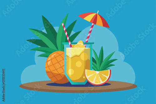 A vibrant pina colada sits next to fresh pineapples and lime, inviting a tropical experience, Pina colada Customizable Flat Illustration