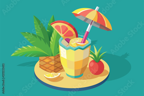 A vibrant isometric illustration featuring a customizable pina colada adorned with tropical fruits and a sunshade, Pina colada Customizable Isometric Illustration
