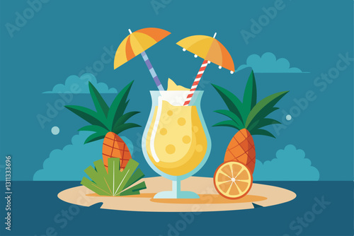 A vibrant pina colada sits on a sandy beach with tropical plants, complete with umbrellas and colorful straws, Pina colada Customizable Semi Flat Illustration