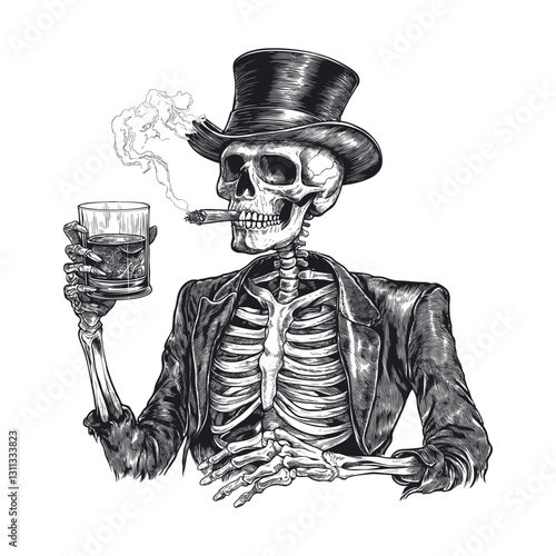 Vector Illustration of an Elegant Skeleton smokes cigars, Wearing Hat, Smoking, and Holding Glass of Whiskey — Vintage Line Art Design