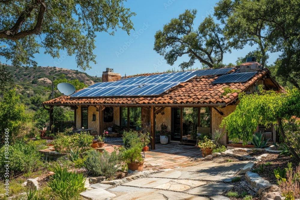 Rustic home with solar panels and landscaped grounds Rustic home with solar panels and landscaped grounds