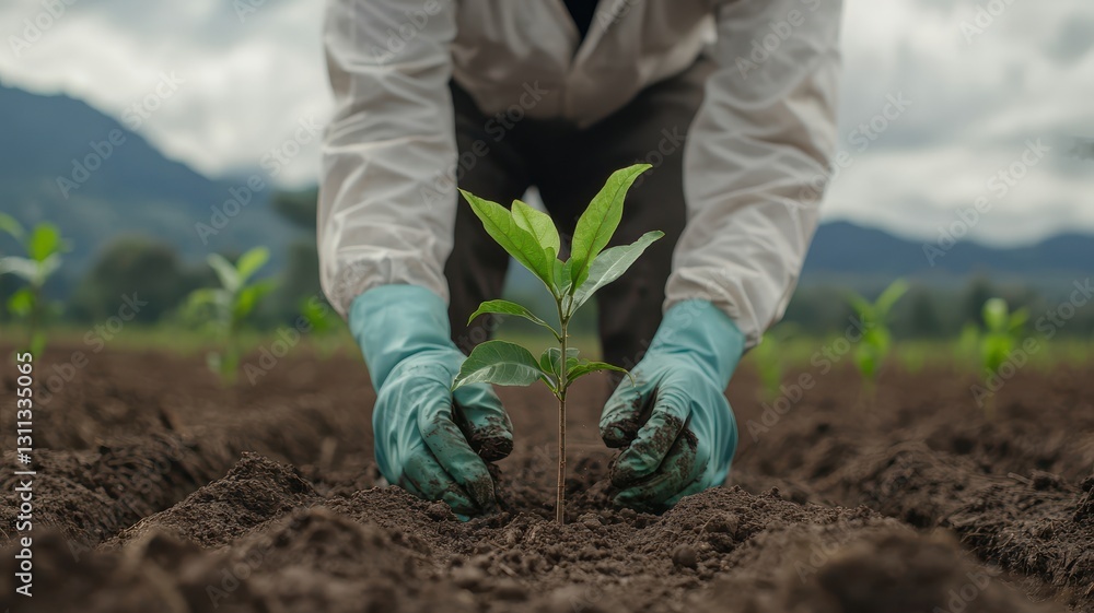Naklejka premium Climate change with global transition idea. Planting a young seedling in fertile soil outdoors.