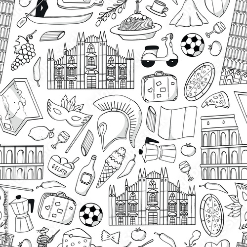 Italy doodles monochrome pattern for backgrounds, wallpaper, scrapbooking, stationery, packaging, wrapping paper, etc. EPS 10