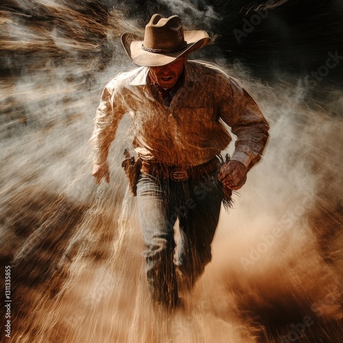 Cowboy running through dusty terrain. photo