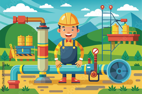 A cheerful worker in a hard hat stands by a colorful pipeline while maintaining equipment in a scenic area, Pipeline maintenance Customizable Cartoon Illustration