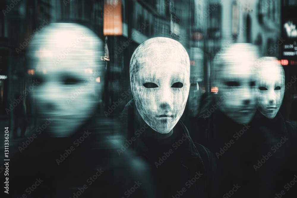 Ghostly Figures in Urban Scene with Anonymous White Masks Ghostly Figures in Urban Scene with Anonymous White Masks