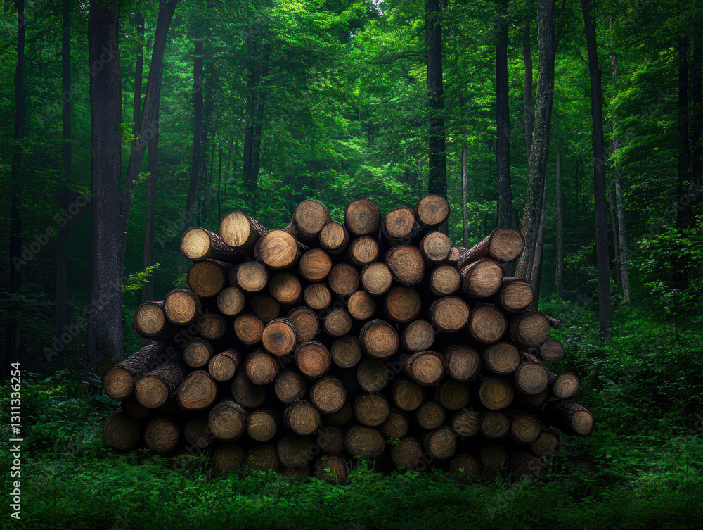 A striking stack of logs rests quietly in a vibrant green forest, surrounded by towering trees and rich foliage, embodying the beauty and serenity of nature. A striking stack of logs rests quietly in a vibrant green forest, surrounded by towering trees and rich foliage, embodying the beauty and serenity of nature.