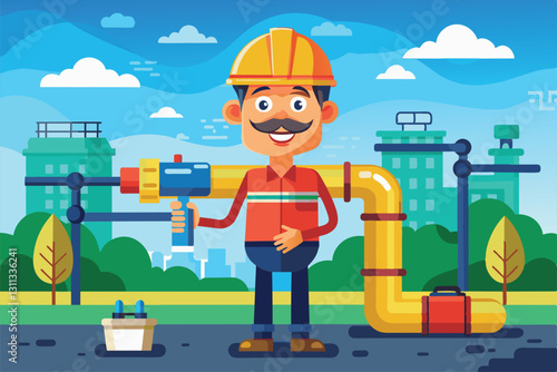 A cheerful worker with a mustache holds a tool while overseeing pipeline maintenance in a city setting, Pipeline maintenance Customizable Cartoon Illustration