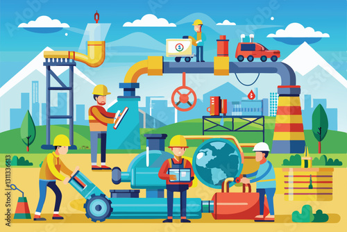Maintenance teams engage in pipeline upkeep with machinery and tools in a lively urban setting, Pipeline maintenance Customizable Disproportionate Illustration