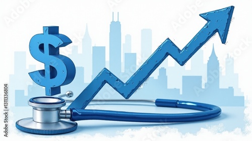 A stock illustration representing Healthcare reform in sky blue and white colors, with rough textures, dollar signs, and rising arrows for an intuitive understanding of the concept.