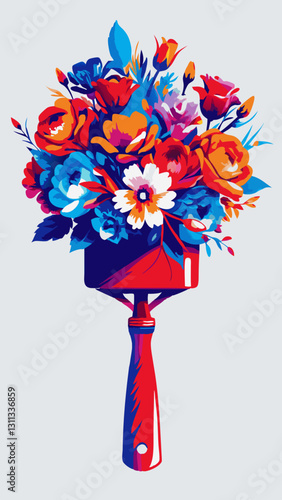 Colorful bouquet of flowers in a paint roller on light background in pop art style