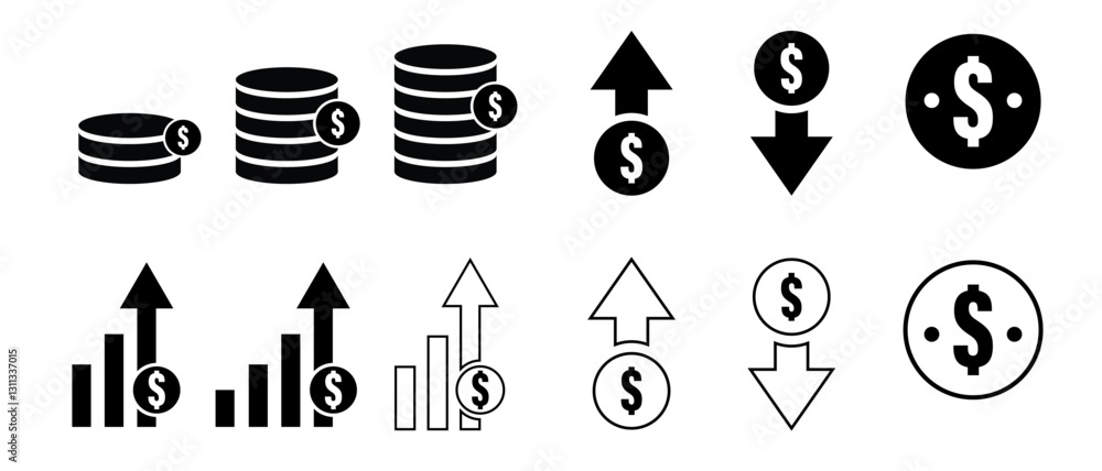 Dollar rate increase vector icon set, Dollar increase and decrease vector icons, Rise cost vector illustration. Business money cash increase signs set Dollar rate increase vector icon set, Dollar increase and decrease vector icons, Rise cost vector illustration. Business money cash increase signs set