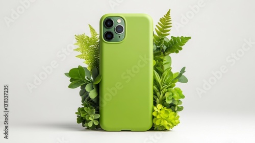 Green phone case nestled in a vibrant arrangement of natural plants and leaves. Generative AI photo